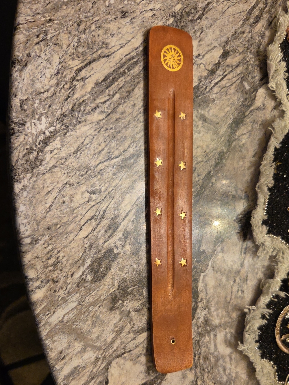 Handcrafted Brown Wooden Incense Holder with Gold Star Inlays